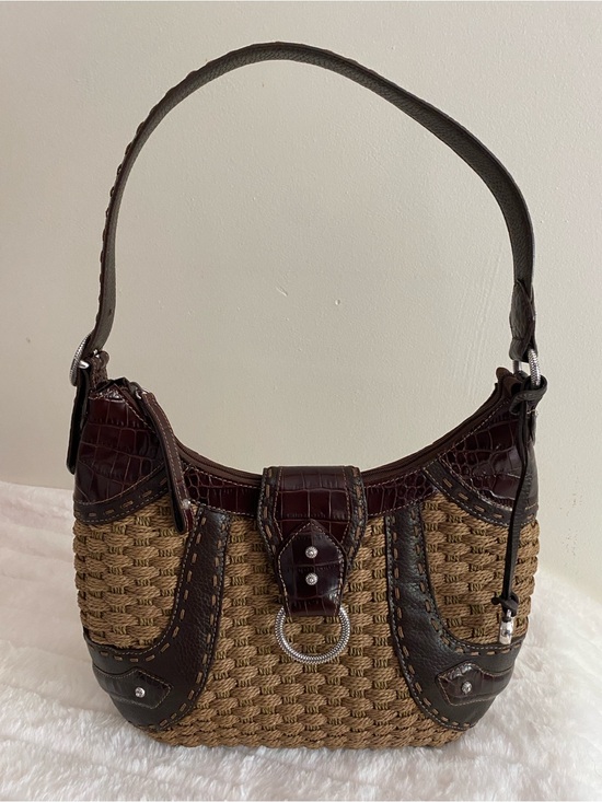 Brighton Handbags - Brighton Brown Jute and Leather Woven Shoulder Bag In Tan and Brown